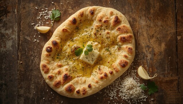 Freshly baked naan bread with garlic butter on a rustic wooden surface. Overhead shot, flat layout