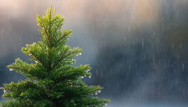Frosty autumn rain on pine tree needles