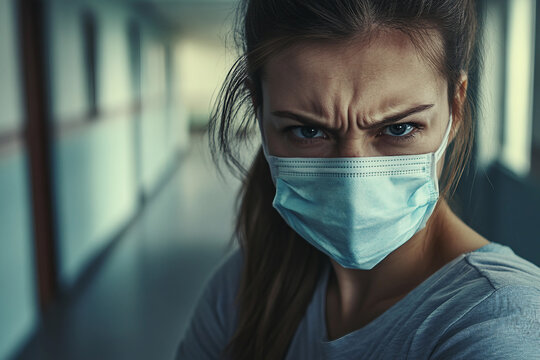 Generative AI image of a teacher doctor medical worker in medical mask standing in classroom during pandemic