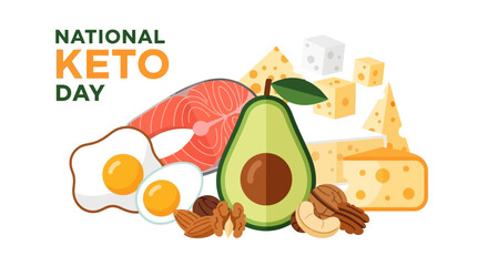 Fototapeta premium An illustrative composition of nutritious ketogenic diet foods, featuring avocado, salmon, eggs, nuts, and cheese for a healthy lifestyle