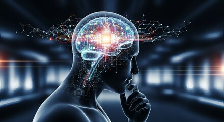 Transparent human figure with glowing brain and circuit connections on dark background