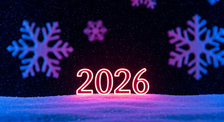 Neon 2026 numbers glowing on snow with snowflakes new year