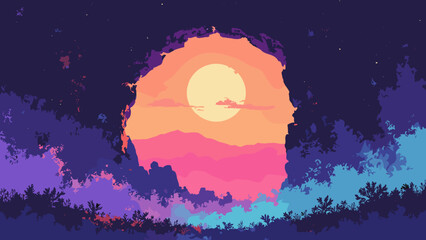 Synthwave basalt arch — natural arch backlit by a gradient sun and neon mist, palette: orange, purple, electric blue, no people