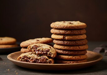 Delicious chocolate chip cookies freshly baked on wooden serving plate