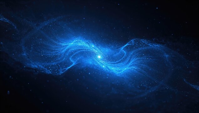 Abstract 3D rendering of a luminous blue gravitational wave in deep space, exploring cosmic phenomena