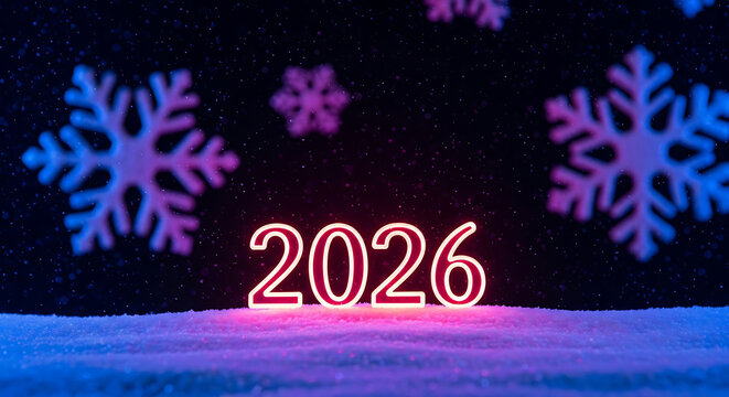 Neon 2026 numbers glowing on snow with snowflakes new year