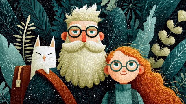 A stylized illustration depicts a smiling grandfather with a large white beard, a young girl with long red hair, and a white cat, all wearing glasses, surrounde - Powered by Adobe