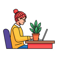 Person with plant works at laptop, suitable for working from home, remote work, telecommuting, productivity, office environment, lifestyle concepts.