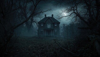 Dark, eerie, and unsettling haunted dwelling, atmosphere of isolation
