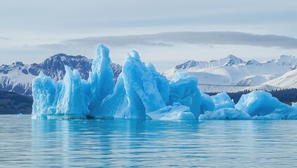 A collection of vividly blue icebergs with unique shapes in a serene lagoon, highlighting erosion risk,