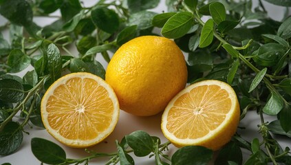 Vibrant citrus fruits and lush greenery arranged against a white background, enhancing visual appeal for culinary presentations