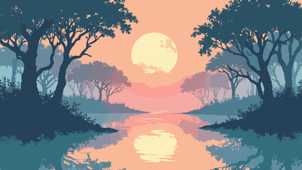 Cyber-mangrove sunrise — fog pierced by fiber-optic roots and mirrored estuary reflections, palette: rose gold, teal, smoke, no people