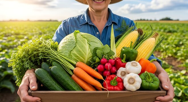 Farmer holding a crate of fresh vegetables in a field. - Powered by Adobe
