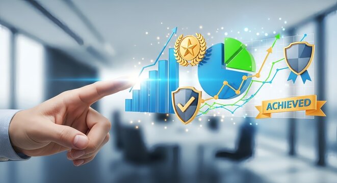 Hand interacting with digital business charts and achievement icons in office space