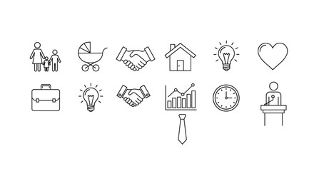 Minimalist line art vector illustration featuring a set of icons representing family, business, and lifestyle elements, including a family unit, baby stroller, briefcase, handshake, house, lightbulb