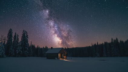 Journeying across snowy peaks where adventurous souls seek refuge in cozy cabins, gazing slowly at the expansive view. The Milky Way drifts like smoke above the icy landscape.