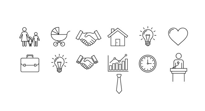 Minimalist line art vector illustration featuring a set of icons representing family, business, and lifestyle elements, including a family unit, baby stroller, briefcase, handshake, house, lightbulb