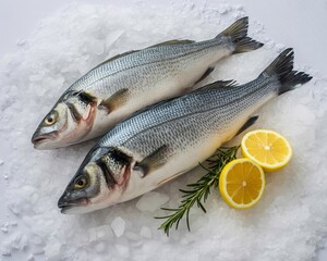 Fresh whole sea bass chilled on ice with vibrant lemon slices and rosemary garnish ready for culinary preparation