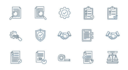 A collection of line-style web icons representing quality control and business processes, including magnifying glass on document, gear with checkmark, checklists on clipboards, shield with checkmark