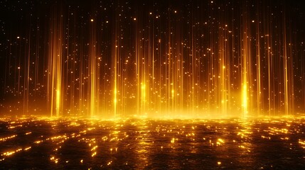 Golden Light Beams Rise with Abstract Background, Futuristic Glow, and Bokeh Particles.