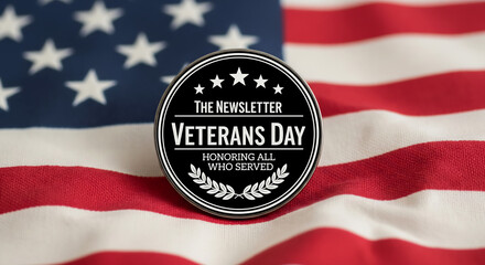 Honor veterans with this respectful Veterans Day emblem on a proud American flag, perfect for commemorative materials.