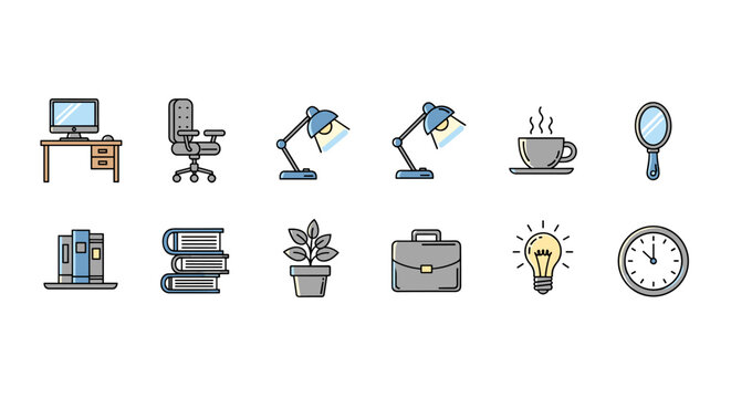 Collection of colorful flat icons representing office and home workspace essentials, including a computer desk, ergonomic chair, desk lamps, stacked books, potted plant, briefcase, steaming coffee
