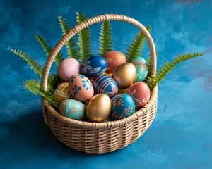 Vibrant decorative Easter eggs overflowing from a rustic woven basket adorned with lush green ferns, perfect for festive spring celebrations and holiday marketing