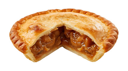 Hand pie with golden crust and savory filling, cut open to show inside