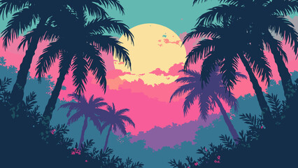 Retro jungle canopy — layered palm silhouettes with neon underglow and film grain, palette: deep green, magenta, gold, no people