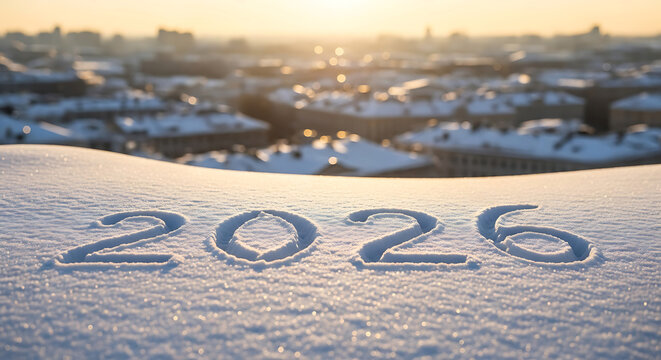 2026 numbers written in snow with city background new year