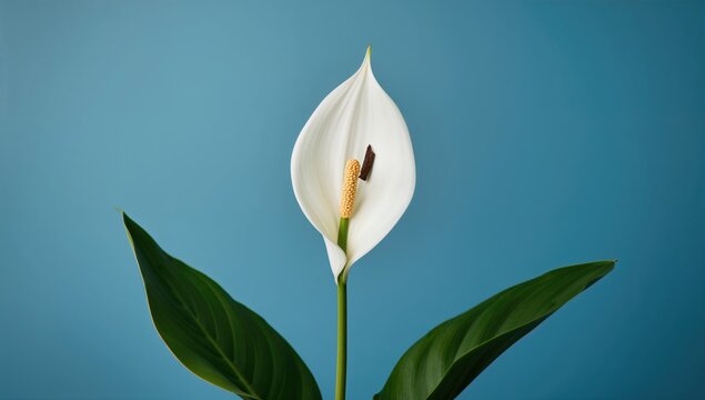 Certain species of Spathiphyllum, commonly known as peace lilies, against a blue backdrop, suitable for text overlay, editorial header background.