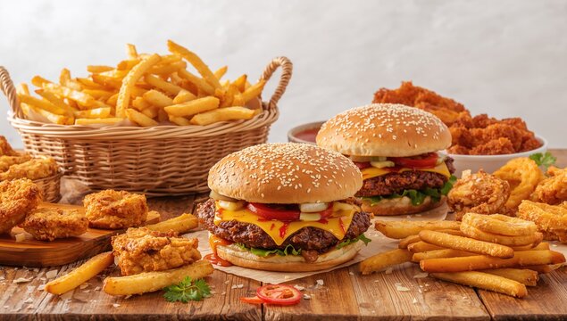 Assortment of fast food including fries and burgers displayed on a wooden surface with a plain white backdrop