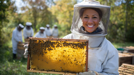 Ai girl with honey, beekeeper, bee,