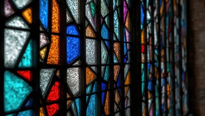 Abstract stained glass patterns, vibrant colors and shapes, suitable for artistic backgrounds