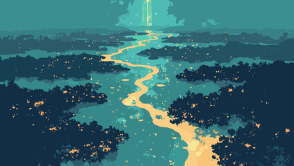 Cybernetic delta — delta channels braided with glowing conduits and mirrored mudflats, palette: teal, brass, black, no people