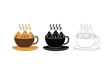 Coffee cup mountain vector illustration set in minimal outline style