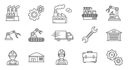 Industrial Revolution Icon Set: A comprehensive collection of factory and manufacturing outline vector graphics, perfect for infographics, articles, books, flyers, banners, and digital presentations