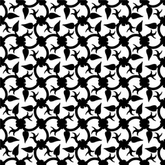 A black silhouette vector illustration of a seamless floral pattern with flying birds and a butterfly design