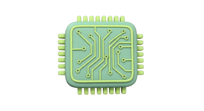 3D Render of Green Microchip with Circuit Board Design.