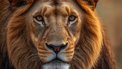 Fototapeta premium Close-up image of a male lion's face, showcasing the majesty of wildlife, preservation