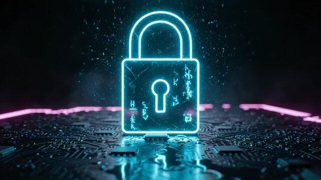 padlock glow on circuit board. neon light outlines padlock and reflects on water. image conveys security for data protection. digital surface shows trace pattern across board. sense. visual focus.