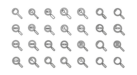 Magnifying glass icon set vector illustration, a collection of search icons with ordered line icons on a white background, representing various search functionalities and data analysis tools, perfect