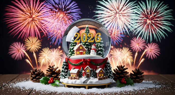 Snow globe with 2026 and village scene fireworks background