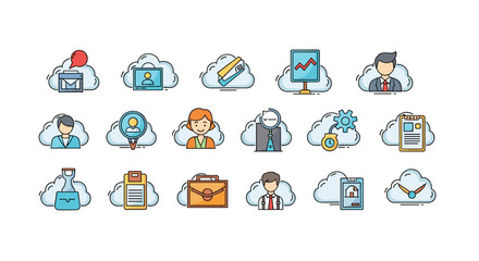 Set of 15 flat design cloud icons representing business and technology concepts, including email, user profiles, charts, documents, and time management, perfect for web, apps, and presentations on a