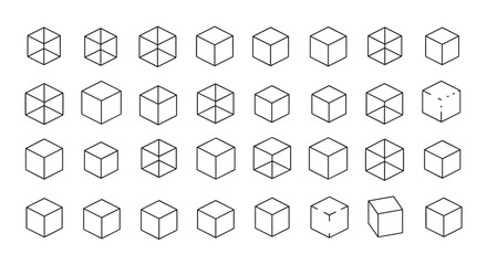 Collection of various cube outlines in different perspectives and styles, including wireframe, solid, and dashed lines, perfect for infographics, articles, books, flyers, and banners, presented as a