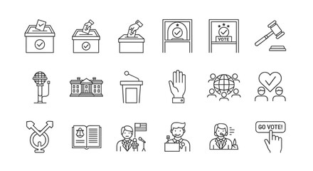 Democracy and Elections Line Icon Set: A comprehensive collection of editable stroke vector icons representing civic engagement, voting, political processes, and democratic ideals, perfect for the