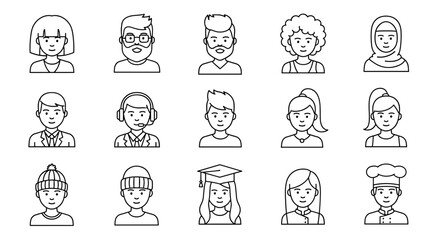 Diverse collection of line art avatars, including men and women with various hairstyles, beards, and headwear, such as beanies and hijabs, suitable for graphic and web design, apps, adverts, and
