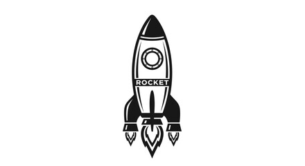 Retro style black and white vector illustration of a rocket ship blasting off with flames and smoke, featuring a circular window and the word "ROCKET" emblazoned on its side, perfect for space