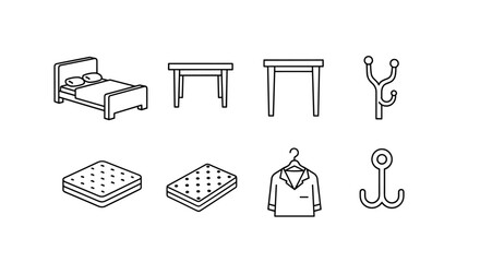 A minimalist, line-art illustration featuring a collection of essential furniture and home items, including a cozy bed with pillows, two distinct tables, a comfortable mattress, a stylish coat hook