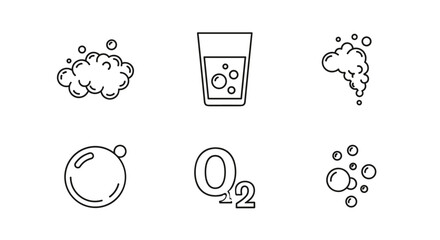 Collection of line icons representing bubbles, soap foam, a fizzy drink, and an oxygen bubble, symbolizing effervescence and scientific elements. This editable stroke vector set is isolated on a